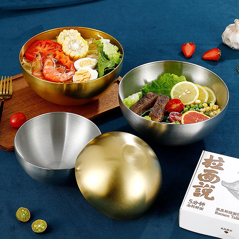 Gold Stainless Steel Fruit Salad Bowls Soup Rice Noodle Ramen Bowl Kitchen Tableware Utensils Food Container Mixing Bowls