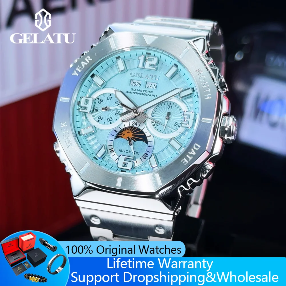 

GELATU 6030 Automatic Man Watch Moon Phase Chronograph Waterproof Luminous Multi functional Perpetual Calendar Mechanical Watch