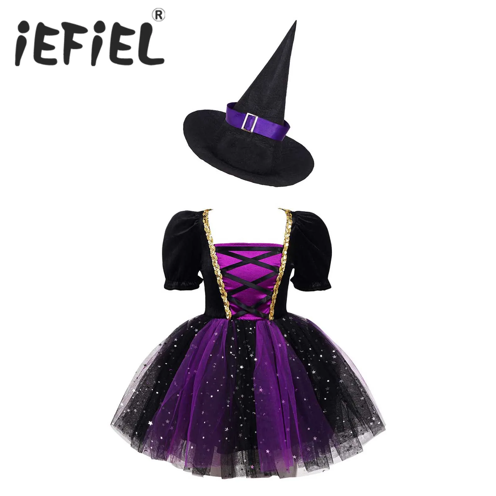 

Kids Girls Witch Costume Halloween Cosplay Dress Glittery Mesh Tutu Dress with Pointed Hat for Carnival Party Dress Up Clothes