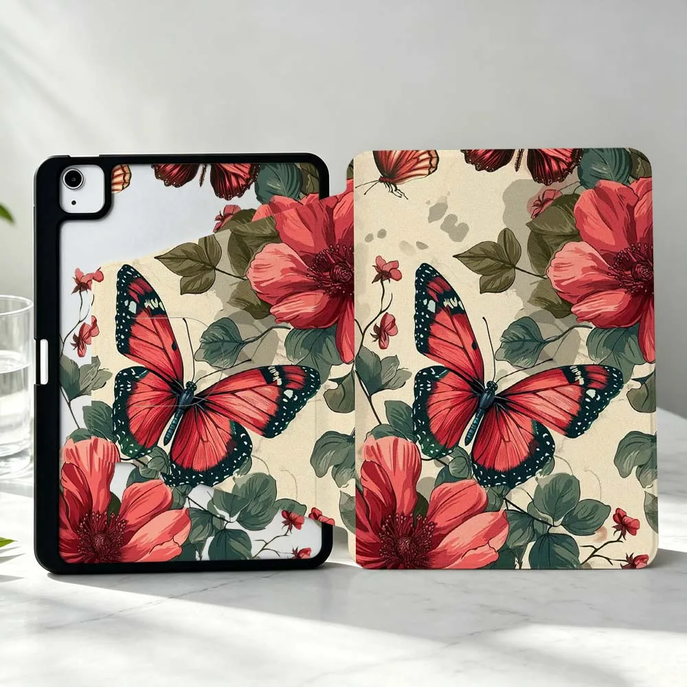 Artistic Red Butterfly Flowers For iPad Pro Air mini 6 5 4 12th M5 M4 M3 M2 A16 A17Pro 360° Rotation Stylus Storage Tablet Case