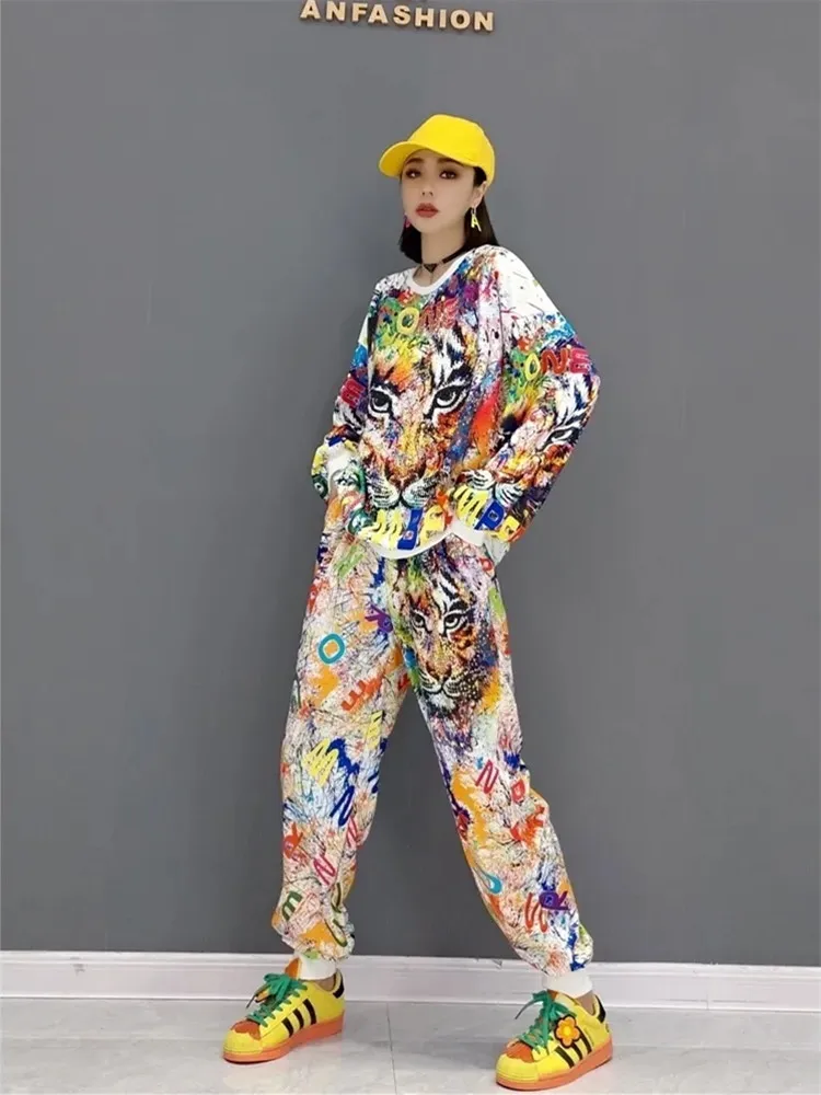 Fashion Pants Set Female 2024 Spring Tiger Head Print Round Neck Long Sleeve Top and Casual Pants Sports Two-Piece Set for Women