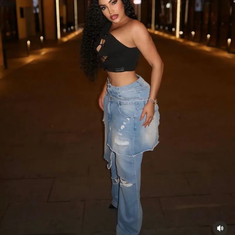 Fori Grembiule di jeans Pantaloni dritti Bottone Fly Gonna irregolare a vita alta Pantaloni jeans larghi a strati Moda donna Streetwear