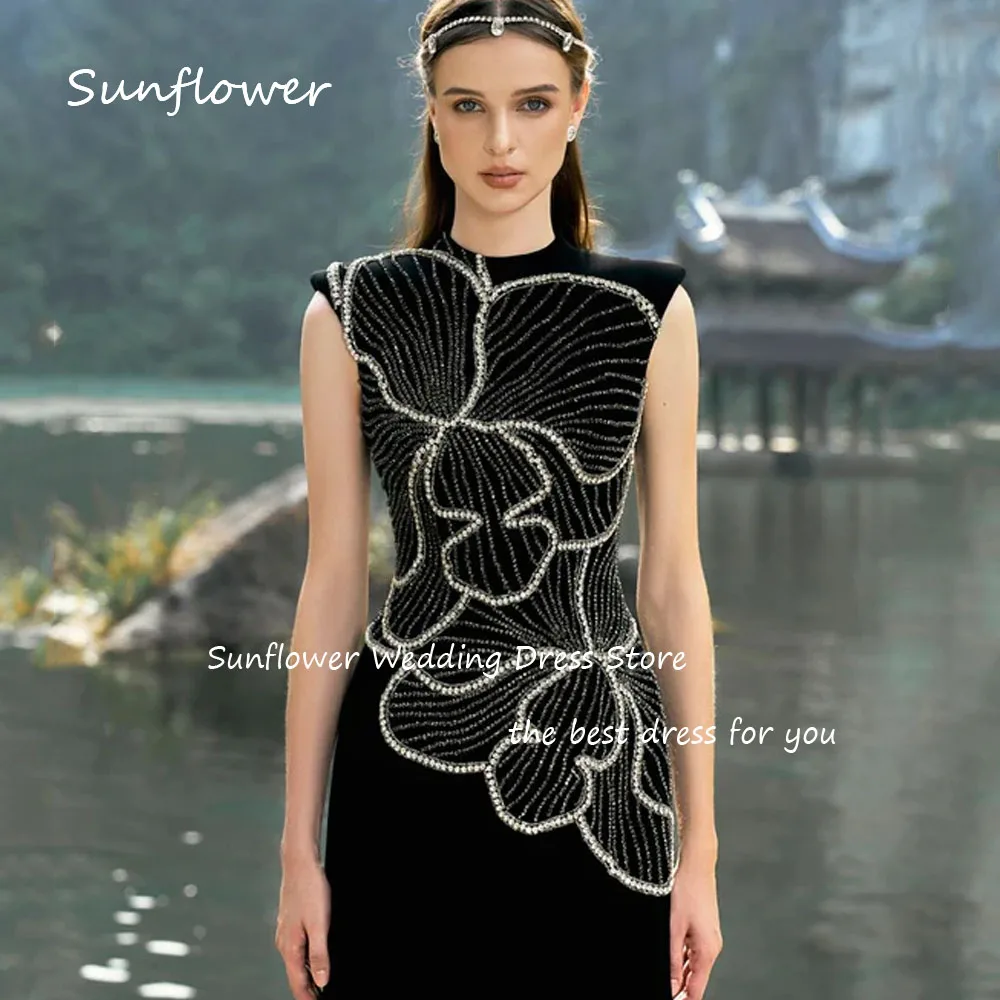 Sunflower Black Beading O-Neck Mermaid Formal Evening Dress Saudi Arabia 2024 Slim Crepe Sleeveless Floor-Length Prom Dress