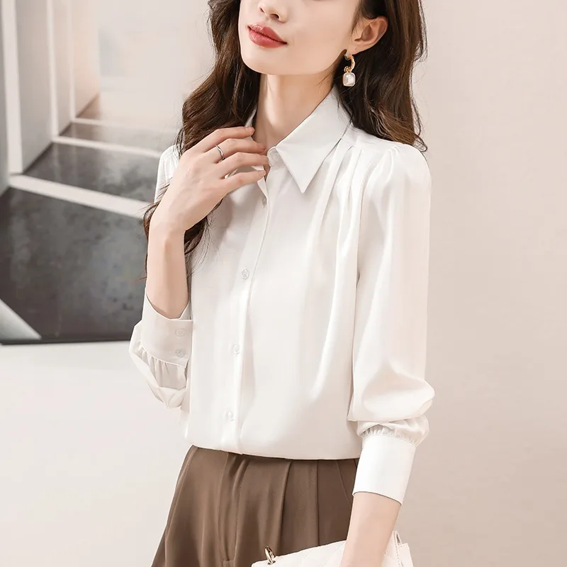 

Vintage Women's Blouses Solid Color Casual Shirts Fashion Loose Summer Clothing Long Sleeved Korean Chiffon Women Tops