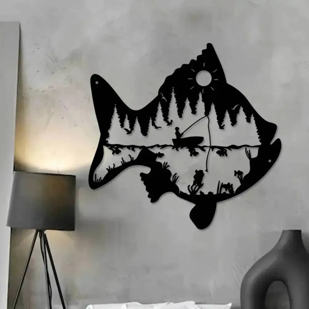 Rustproof Iron Fishing Metal Wall Art Nautical Farmhouse Decor Waterproof Wall Sculpture for Home Yard Porch Indoor Outdoor Use