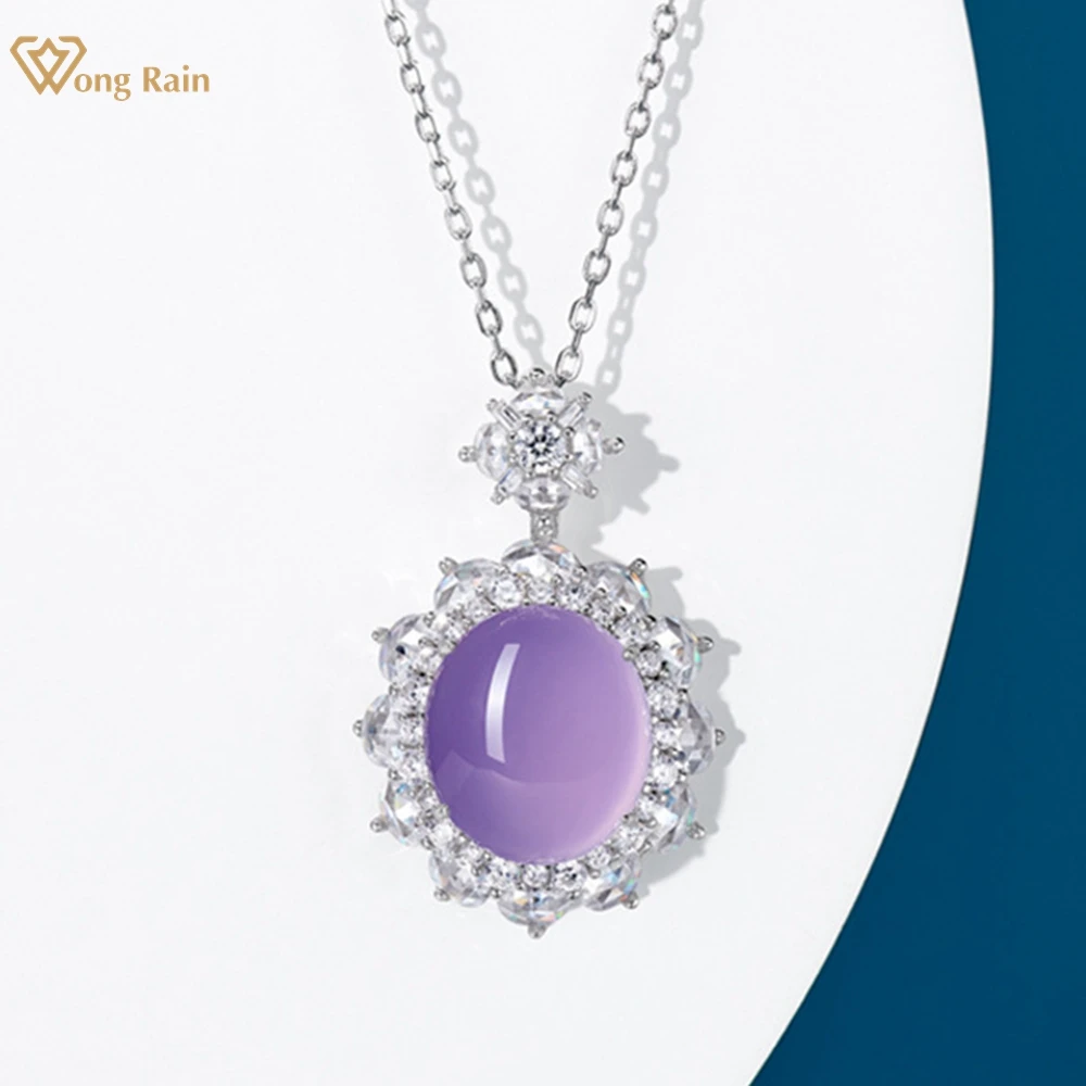 Wong Rain 100% 925 Sterling Silver 12*14 MM Oval Purple Jade High Carbon Diamond Gemstone Pendant Necklace Fine Jewelry Gifts