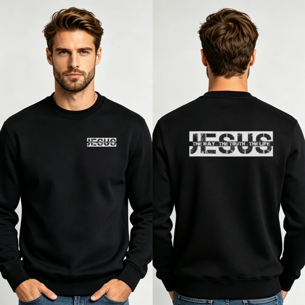 Men Distressed Boxed Jesus The Way The Truth The Life Double Sided Crewneck Sweatshirt Christian Loose Pullover Casual Tops