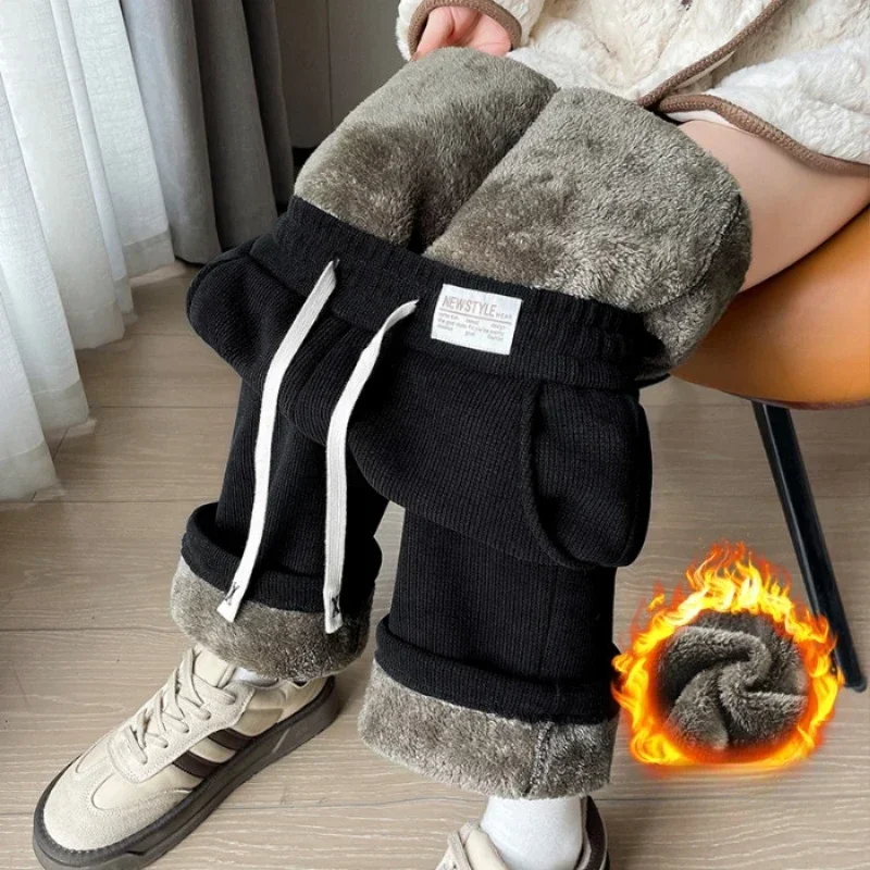 Winter Lamb Wool Wide Leg Pants Women's Sweatpants Coldproof Thick Velvet Windproof Keep Warm Cotton Corduroy Straight Leg Pants