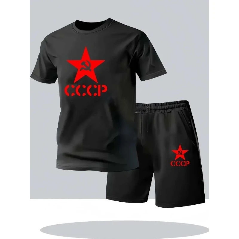 

Summer Men's Tracksuits Sets Unique CCCP Russian Soviet Union Printed Sporting suit Quick-drying breathable tshirt+shorts Set