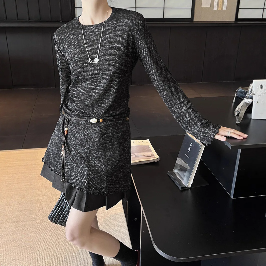 

Fall 2025 New French Vintage Print Bright Silk Wavy Line Relaxed Dress