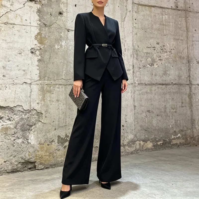 HKSH Women's Suit French Style Casual Elegant V-Neck Sashes Long Sleeve Blazer Loose Solid Color Slim Straight Leg Pants HK26112