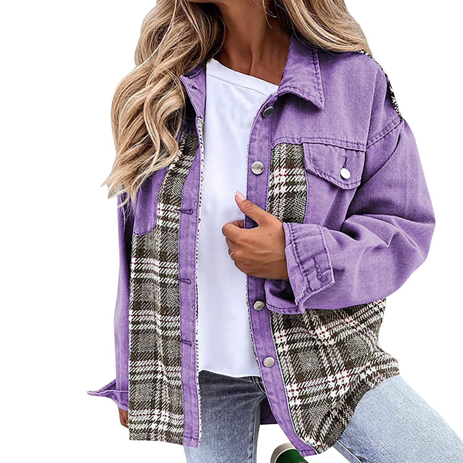 

Women Turn-down Collar Button Coat Spring Autumn Irregular Tops Outwear Mujer Vintage Fashion Plaid Print Patchwork Denim Jacket