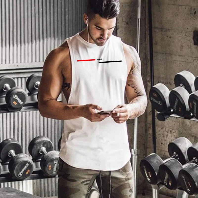 Summer MenParis Fashion Printing Sports Vest Gym Workout Pumping iron Bodybuilding Tank Top Cotton Singlets Sleeveless T Shirt