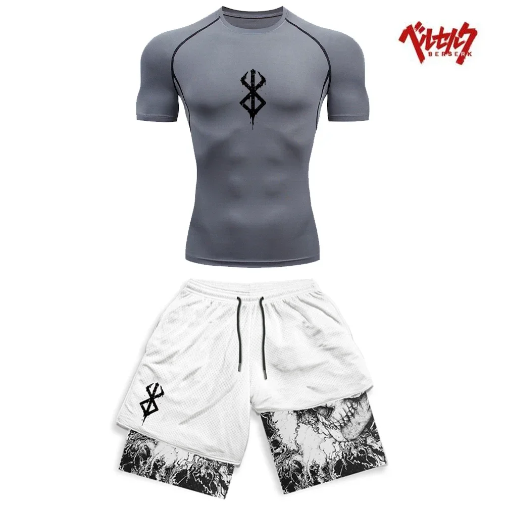 Anime Berserk Kompressionsset Fitnessanzug für Herren, schnell trocknendes Kompressionsshirt + Fitnessstudio-Shorts, Lauftraining, Sommersportbekleidung