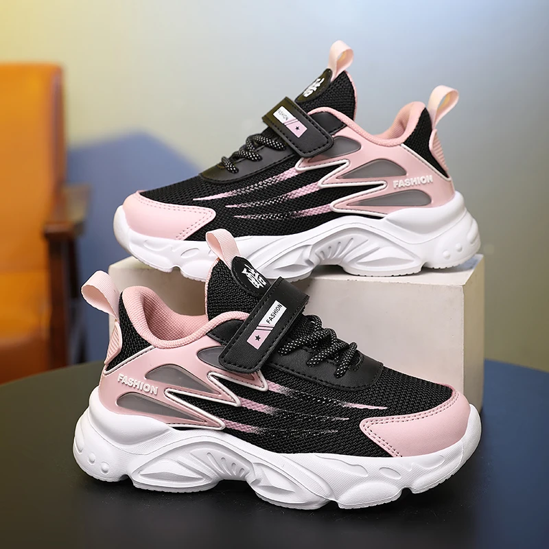 

Детские модные дышащие сетчатые кроссовки для девочек, весенне-осенние уличные спортивные туфли, нескользящие беговые кроссовки для среднего/большого размера