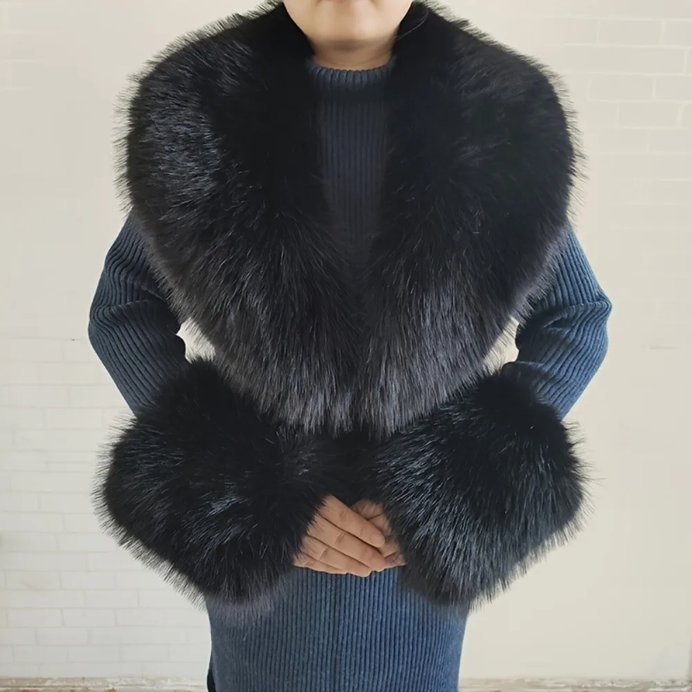 Large Size Faux Fur Collar Set V Shape Thick Warm Fur Cuff Set Oversized Detachable Decorative Fur Scarf For Women Winter