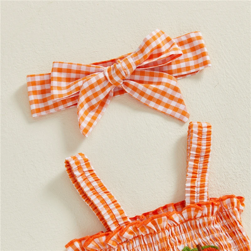 

Newborn Baby Girl Halloween Outfit Plaid Pumpkin Embroidered Sleeveless Smocked Overall Romper Headband 2 Piece Set
