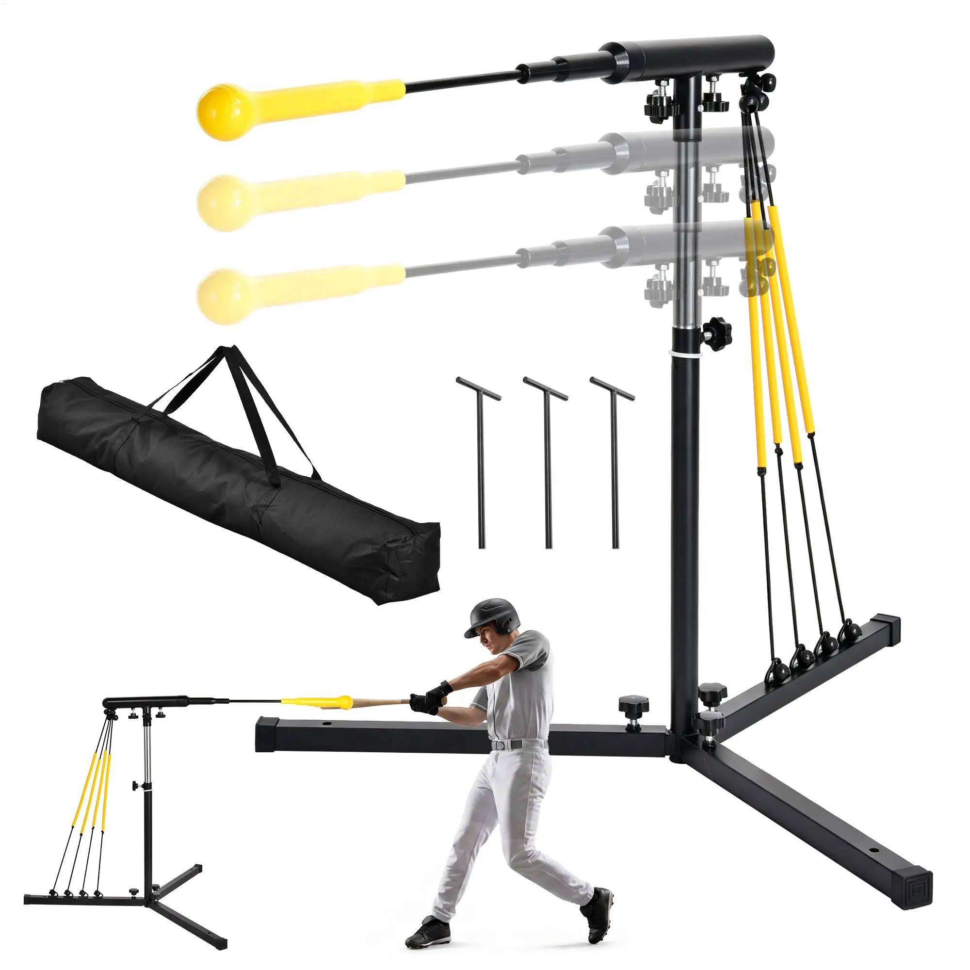 Baseball Swing Trainer, Auto Reset Hitting Trainer with 4 Power Bands, Height Adjustable 29-45 in for Softball and Baseball Power Speed Coordination Training