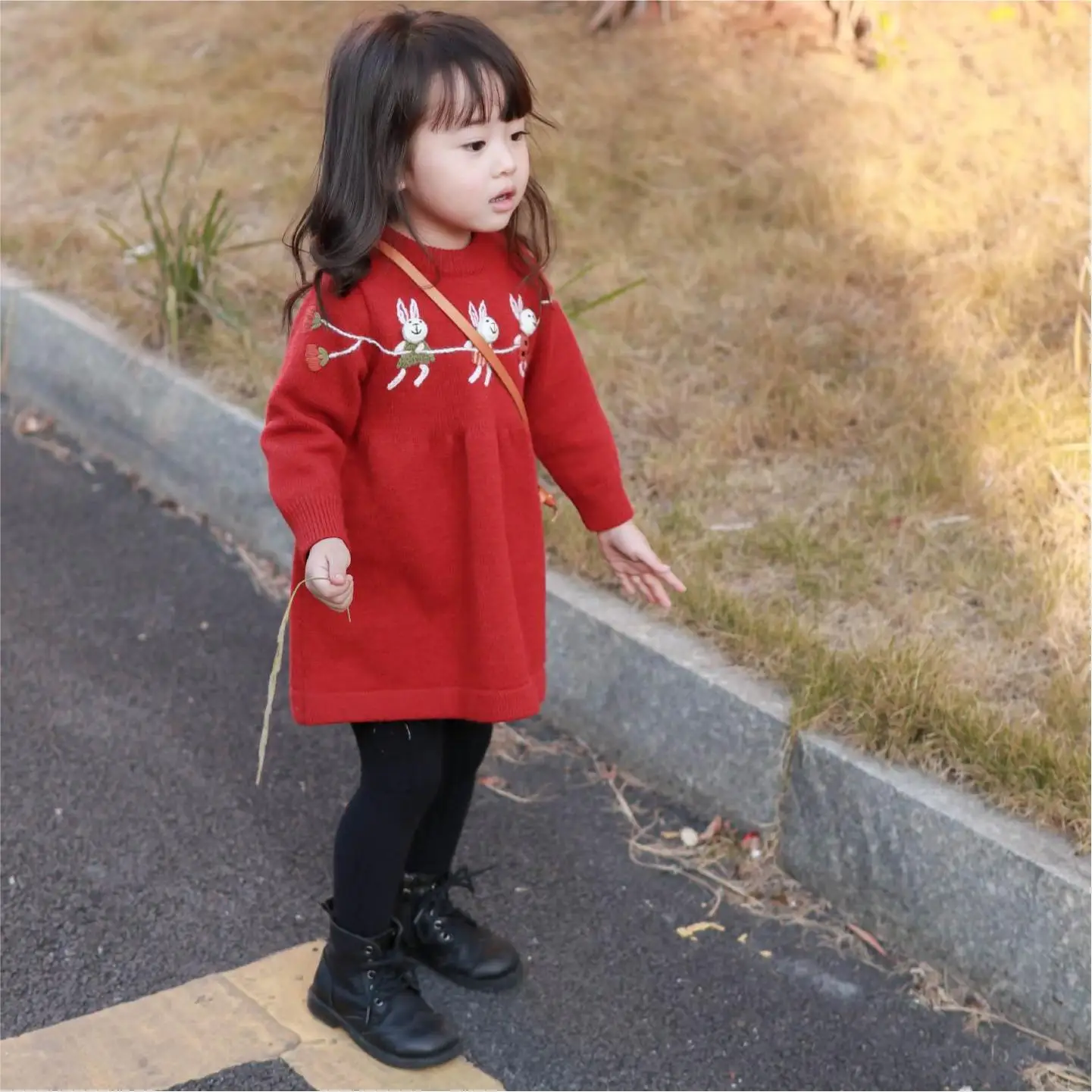 Girls Cute Rabbit Knit Sweater Dress, Autumn Winter Ins Style Long Sleeve A-line Flared Hem Kids Base Dress for Little Girls