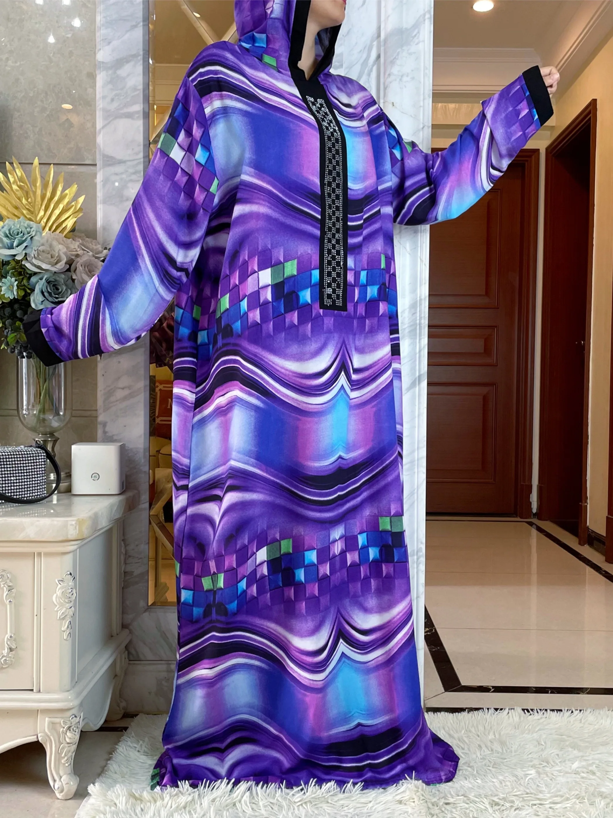 2023Latest Dubai Long Sleeve African Women Dress Hat one-piece  Printing  Cotton Elegant Summer Maxi Casual  Elegant Loose Abaya