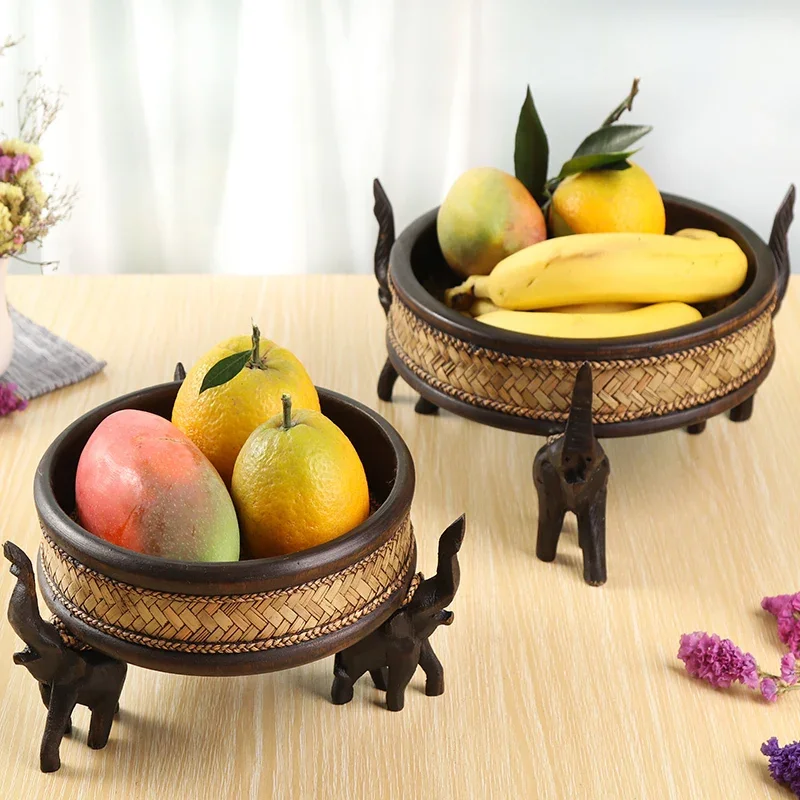 Fruit Plate Home Snack Plate Three Small Elephants Solid Wood Base Side Bamboo Weaving Eco Friendly Wood Wax Oil Pure Handmade