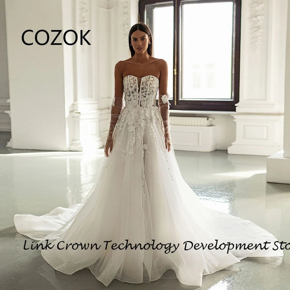 

COZOK V Neck Wedding Dresses with Lace Simple Soft Tulle Bridal Gowns for Women 2024 Summer New Court Train Vestidos De Novia