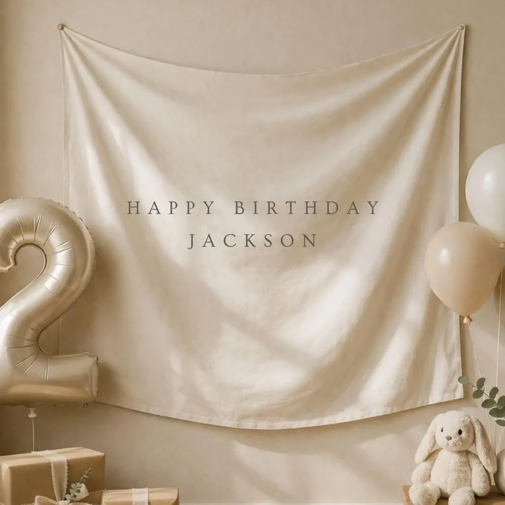 Boho Neutral 2nd Birthday Backdrop Personalized Name Fabric Banner Beige Kids Party Photo Booth Wall Hanging Decor