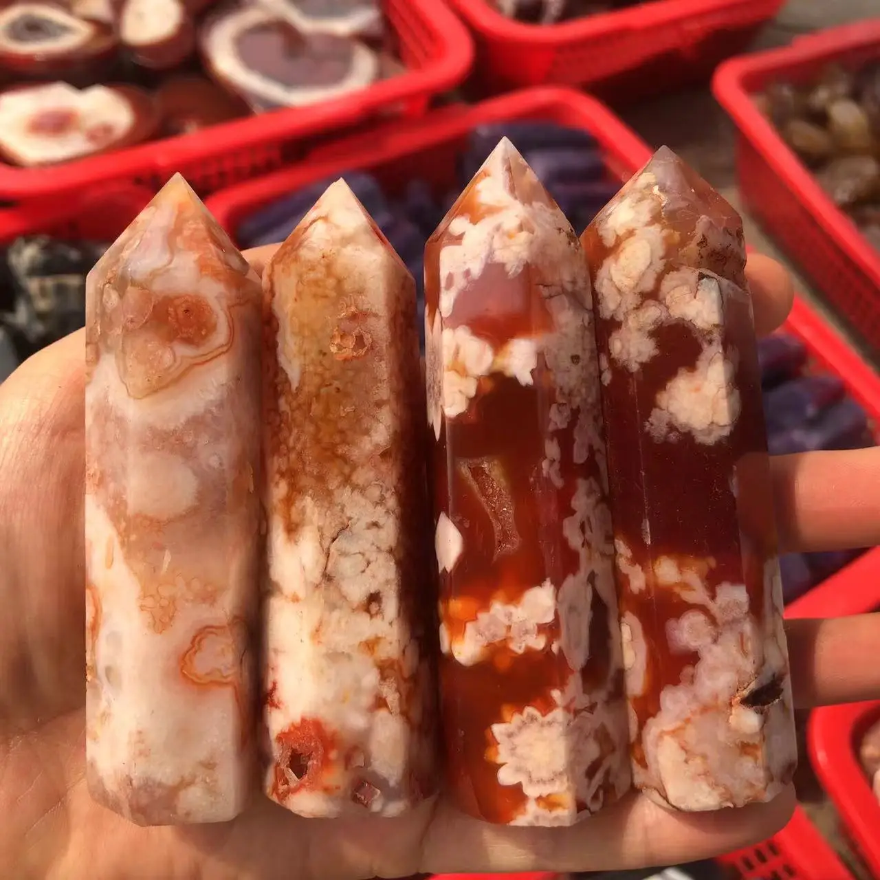 Natural Crystal Point Red Cherry Blossom Agate Healing Obelisk Quartz Wand Ornament for Home Decor Reiki Energy Stone