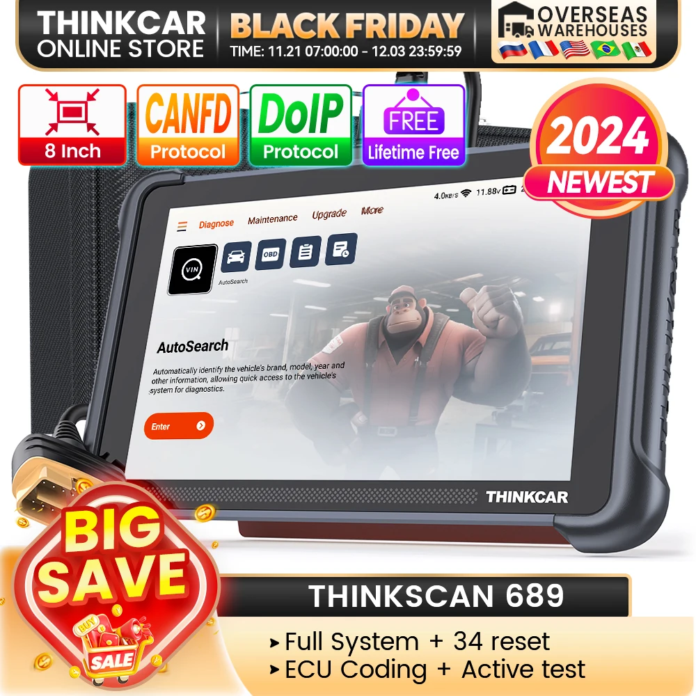 THINKCAR THINKSCAN 689 OBD2 Car diagnostic tools full system scanner 34 resets ECU coding Active test CANFD&DoIP lifetime free