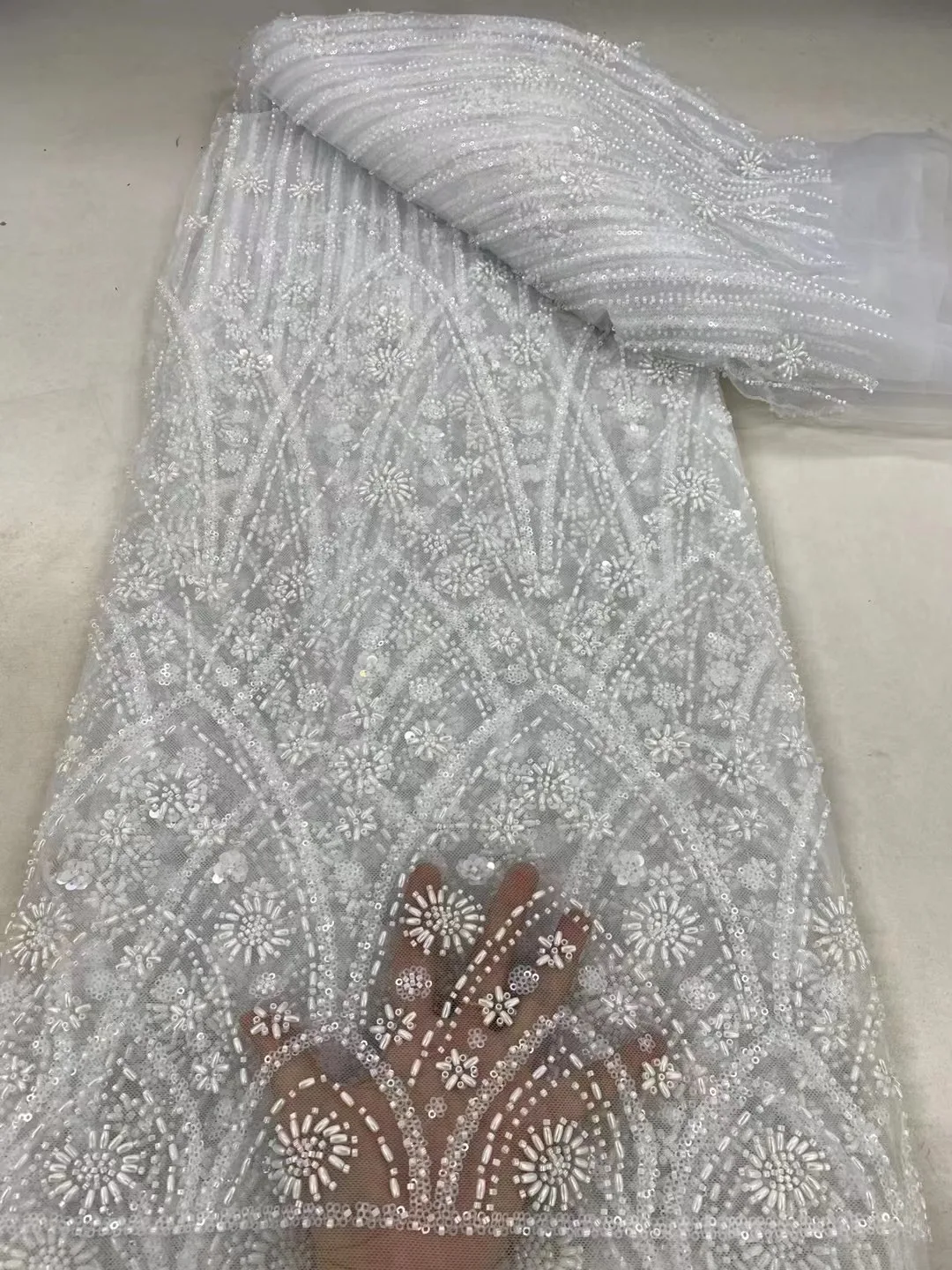 Blue African Luxury Beaded Tulle Lace Fabric French Handmade Sequins Embroidery Lace Fabric For Women Christmas Party Dresses
