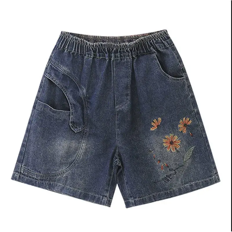 Retro Denim Shorts For Women's Summer 2024 Vintage Embroidery Harem Jeans Shorts Casual High Waist Wide Leg Pants 3XL