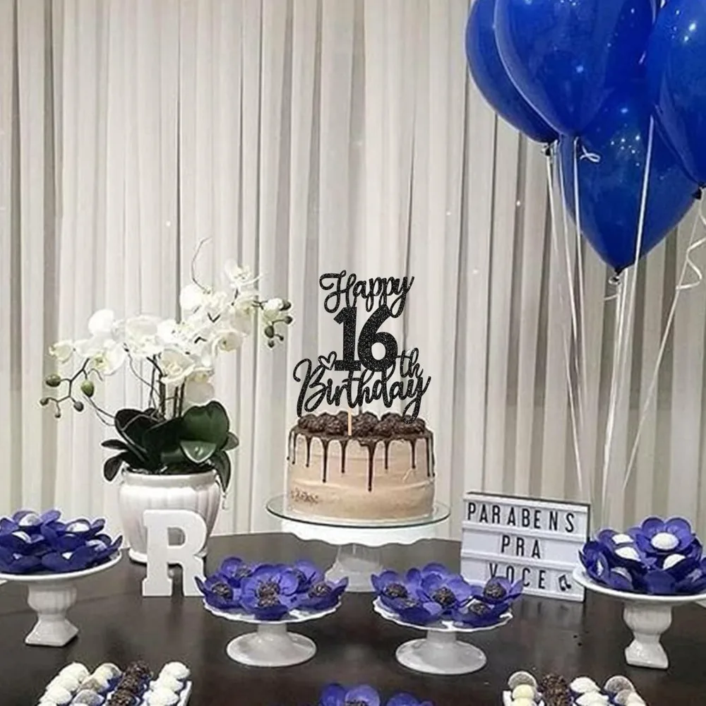 Schwarzer Tortenaufsatz zum 16. Geburtstag – Süße 16. Geburtstagskuchendekoration, elegantes schwarzes Glitzer-Partyzubehör für Mädchen und Jungen – Detail 4