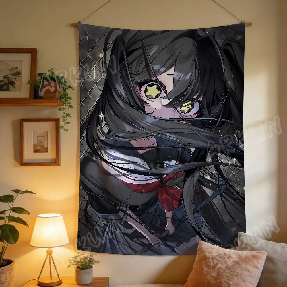 Dark Aesthetic Anime Girl Tapestry Star Eyes Black Hair Sailor Uniform Female Chain-link Fence Background Art for Bedroom Decor