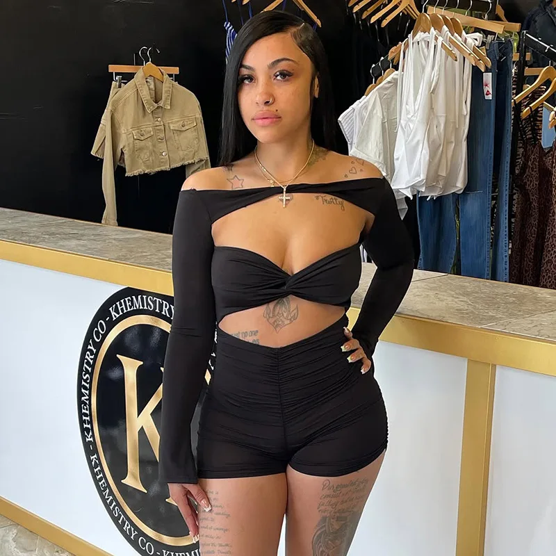 

Women Sexy Hollow Out Ruched Slim Playsuits Solid Twist Strapless Slash Neck Off Shoulder Long Sleeve Skinny Night Club Rompers