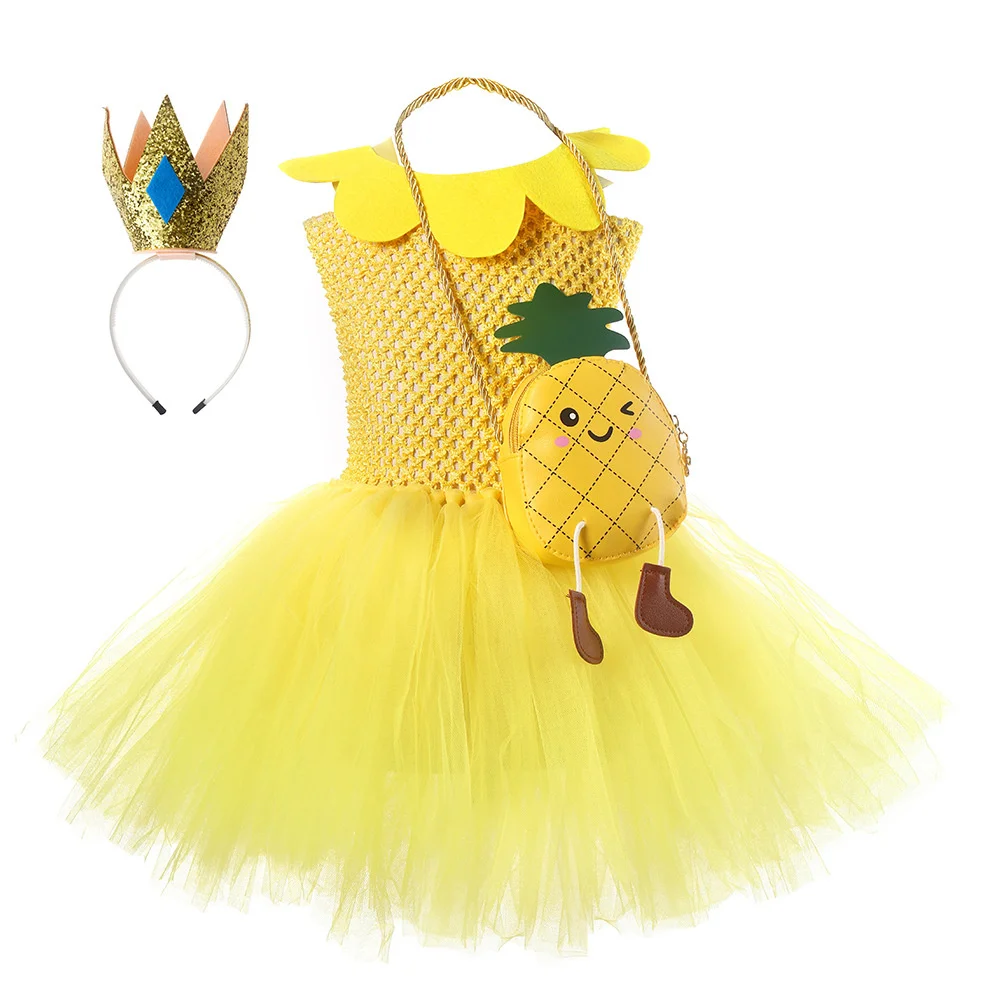 Baby Gilrs Party Pineapple Show Set Cute Crown Dress Chikdren Party Costume Dress Suit for Halloween Dress Up