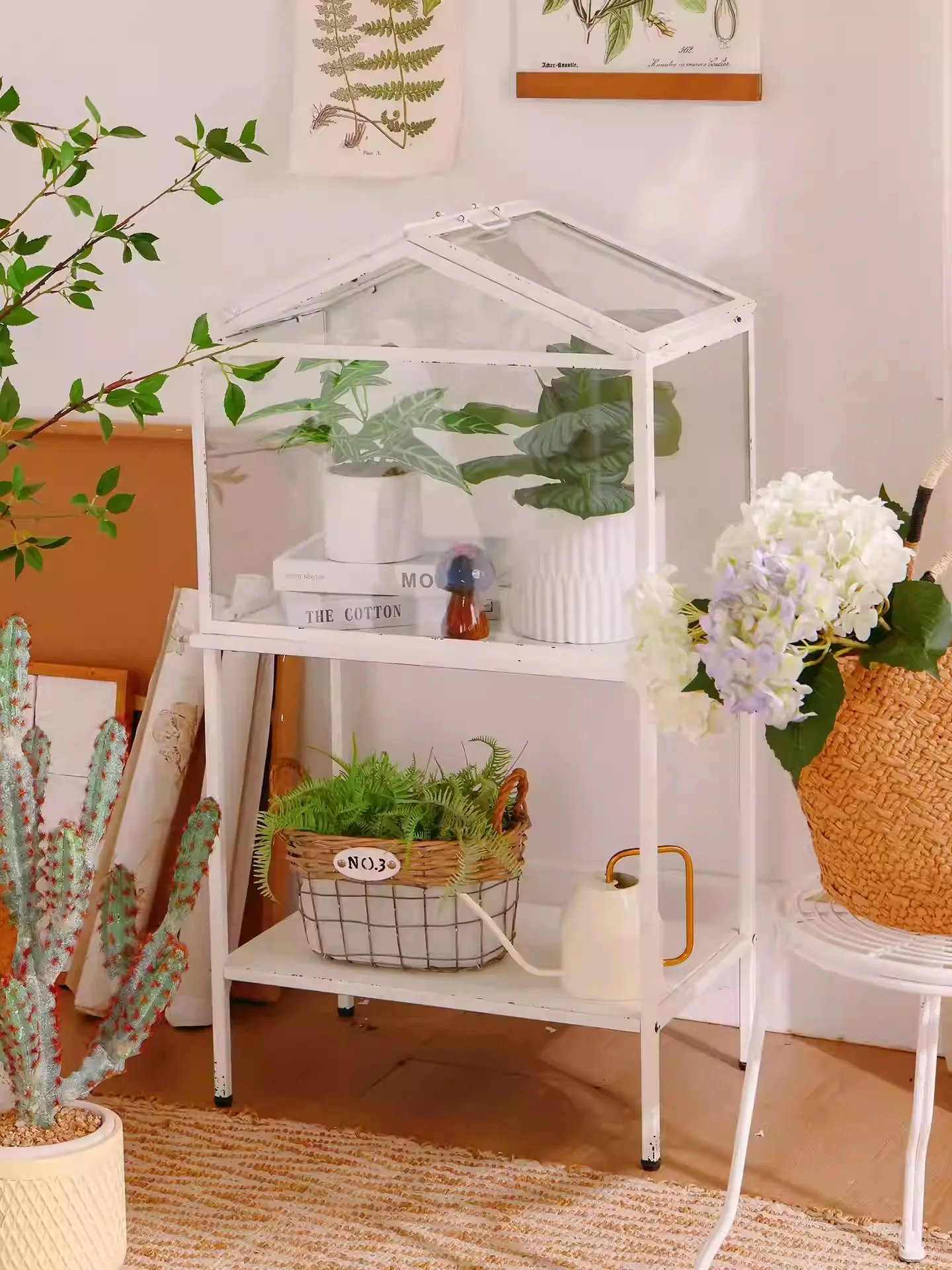 Glass Display Cabinet, French Style, White, Collectible Showcase Organizer, Iron, Tempered Glass, Vintage Mini Greenhouse Shelf