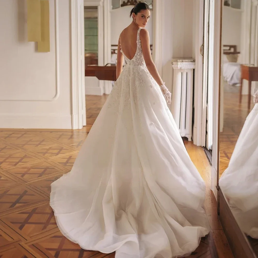 Vestido de novia de línea A de lujo personalizado elegante cuello cuadrado sin espalda tren de barrido vestidos de novia Apliques de encaje vestido de novia princesa
