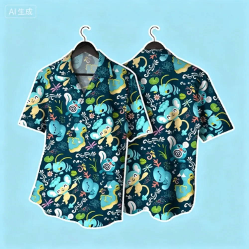 Summer Pond Wind Dragonfly Lotus Water System Elf Cartoon Print Japanese Loose Beach Couple Casual Shirt