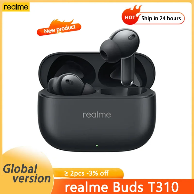 Новые беспроводные наушники Realme Buds T310, TWS, 46 дБ, с активным шумоподавлением, Bluetooth 5,4, IP55, водонепроницаемые, 40 часов, срок службы батареи