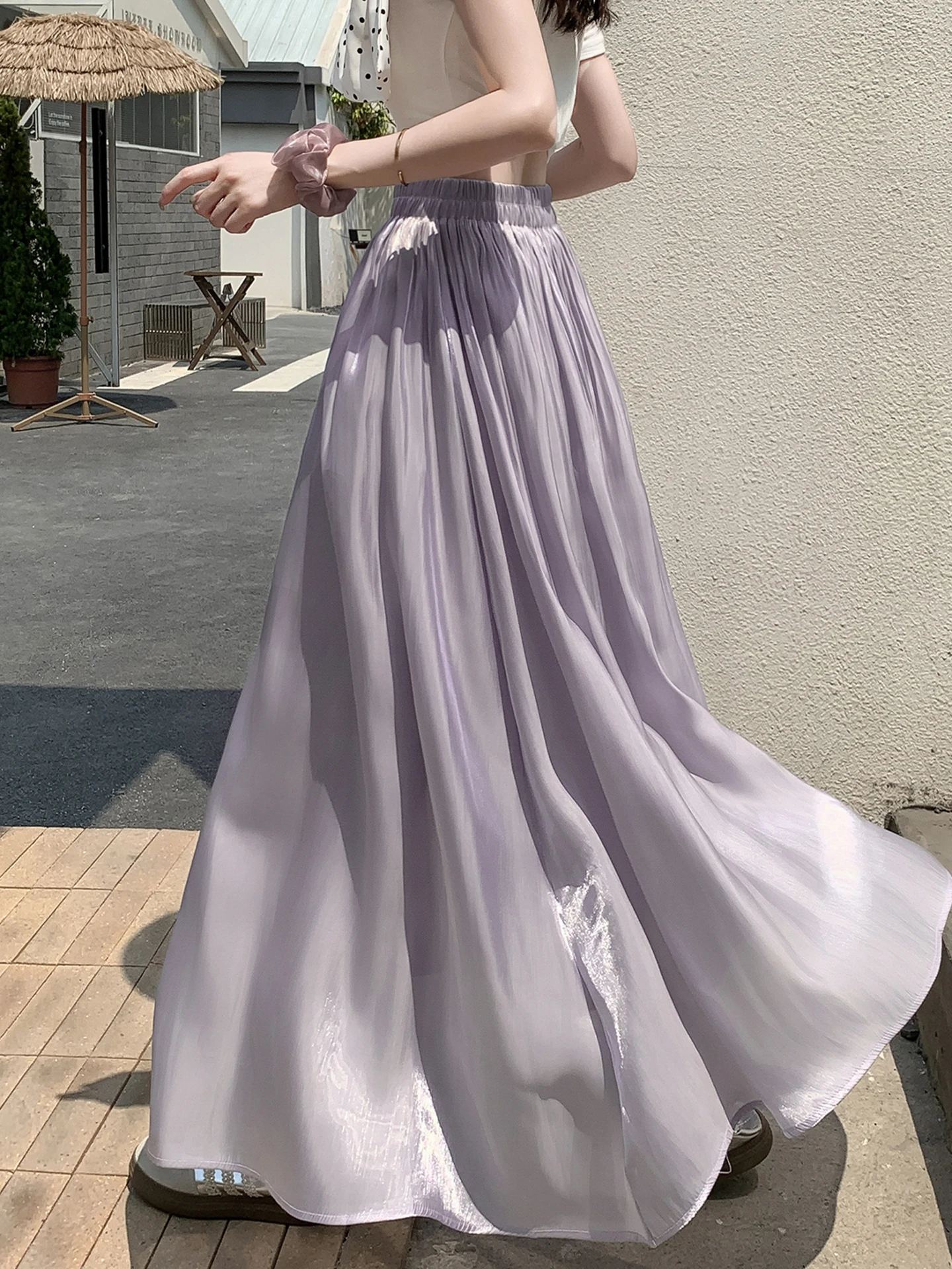 

Purple iny Chiffon f-length Pleated Skirt Women's Summer High-waist Slimming A-line Long Dring Sle Commute