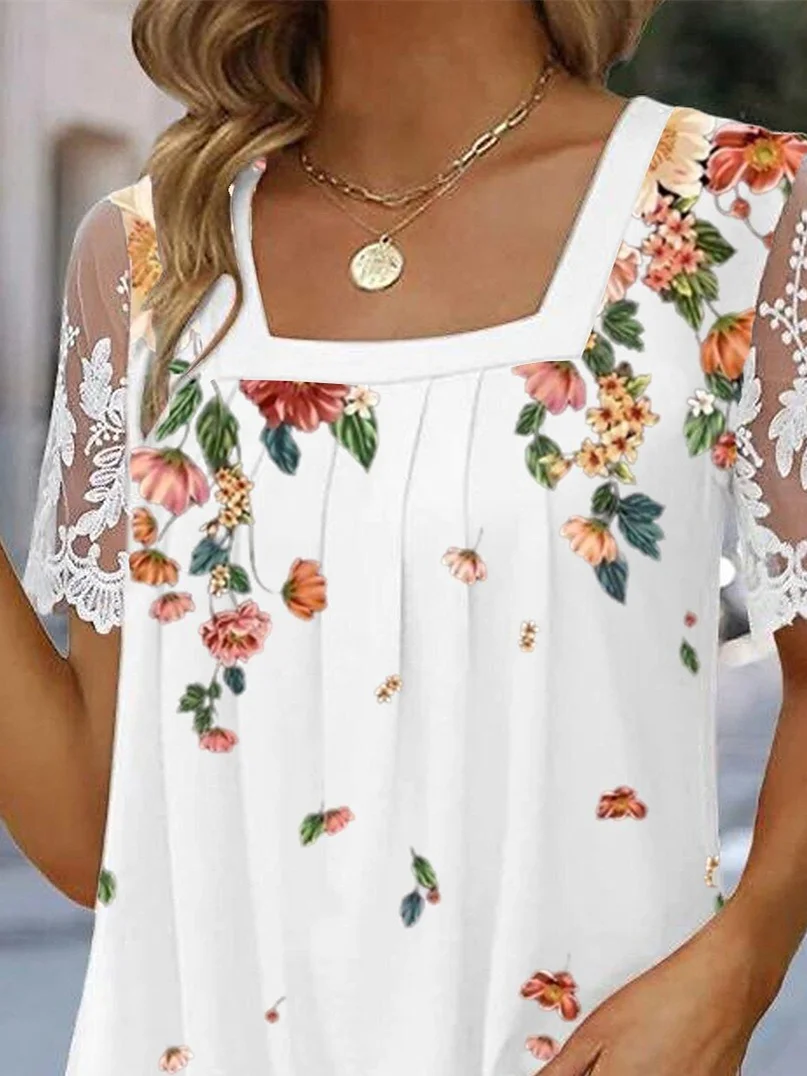 Tops de encaje con estampado Floral para mujer, manga corta, cuello cuadrado, talla grande