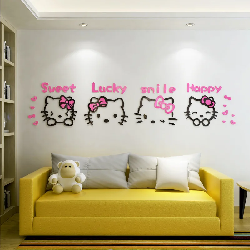 DIY Assemble Cartoon Sanrio Hallo Kitty Wall Sticker Acrylic Crystal 3D Cute Kitty Cat Wall Sticker Kids Girl Bedroom Home Decor