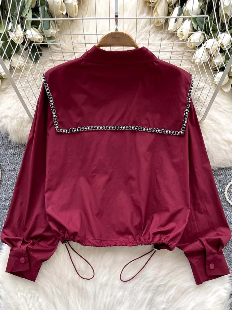 Crop-Shirt mit unregelmäßigem Kragen für Damen, 2025, Frühling, Sommer, langärmelig, verstellbare Taille, Bluse, Übergröße, Perlen-Tops INKEO 5T055
