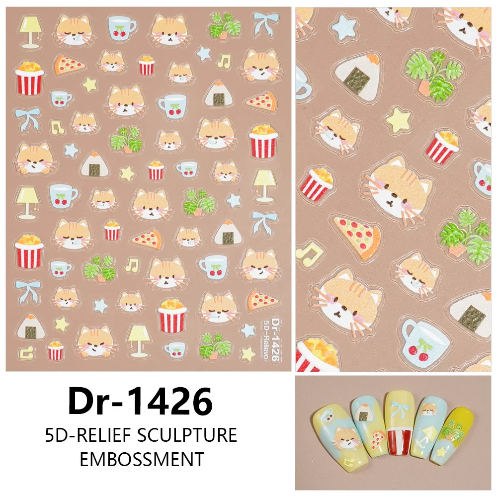 1/5/10 قطعة 5D تنقش لطيف الحيوانات الأليفة القط مسمار ملصقات Kawaii الغذاء ستار القوس الشارات النساء DIY بها بنفسك مانيكير ذاتية اللصق ديكور مع الملقط