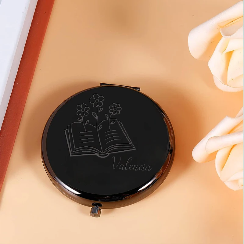 1 espejo creativo con diseño de libro y flor, personalizado con nombre, espejo de maquillaje, espejo plegable, recuerdo de bautizo.