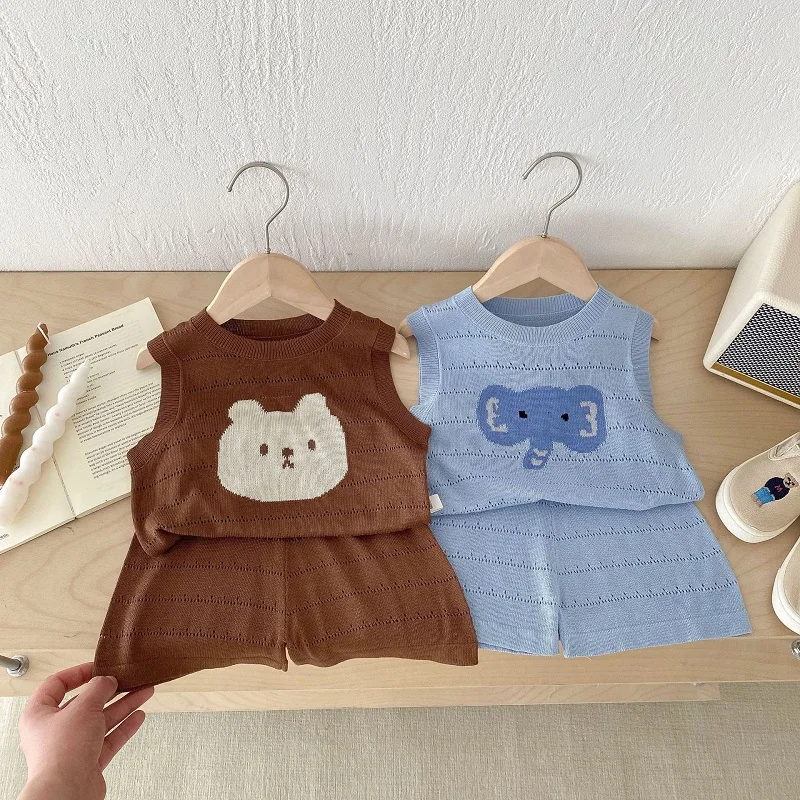 Urso dos desenhos animados infantil de malha tops e shorts, conjunto de roupas de malha infantil, outwear sem mangas, terno de menina, 0-5 anos, verão, novo, 2 peças