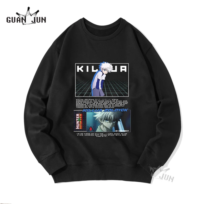 Funny Japanese Anime Letter Killua HxH Hunter X Hunter Hoodies Fashion Cartoon Men Black Pullovers Clothes Harajuku Sweatershirt