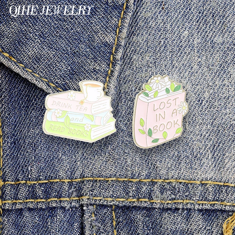 Drink Tea And Read Books Lost In A Book Enamel Pin Sweet Fresh Floral Vine Decorated Book Brooch Bag Lapel Badge Jewelry Gifts