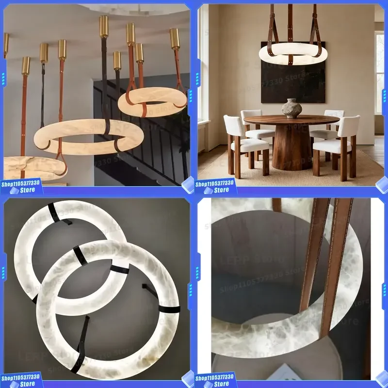 Modern Brass Chandelier with Alabaster Marble Ring LED Light Simple Design for Living Room Bedroom Customizable Pendant Lamp