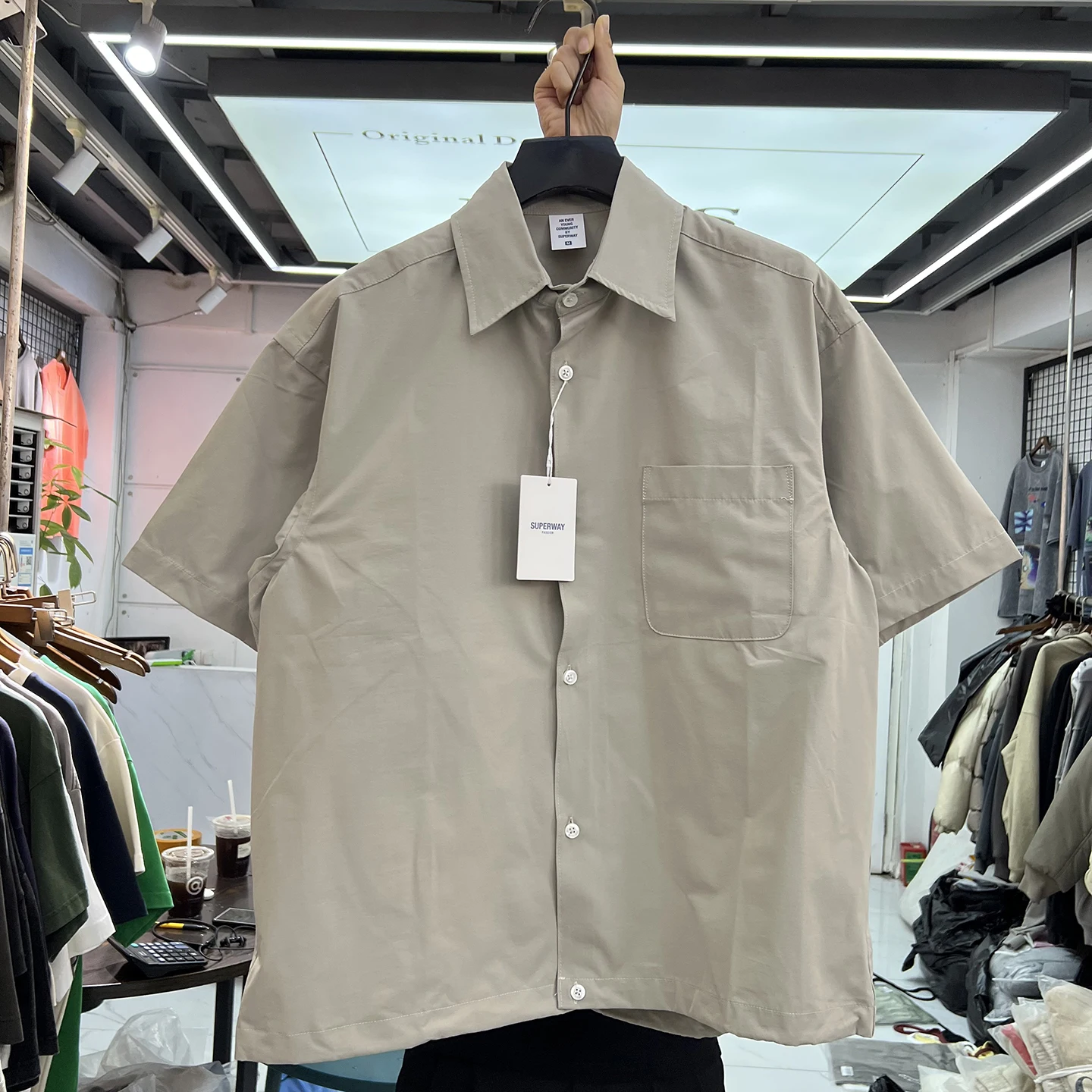 Summer Japanese Style Vintage Cool Quick Dry Lightweight Moisture Absorbent  Color Collar Short Sleeve Unisex Loose Pock...